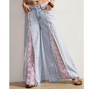 Bohemian Light Wash Floral Print Lace Panel Wide Leg Denim Jeans S M L